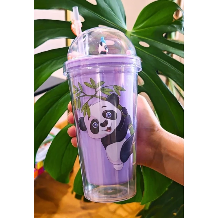 ieg ™ Sevimli Panda Temalı Çift Katman 450 ml Suluk Pipetli Mika Matara Mor 2770