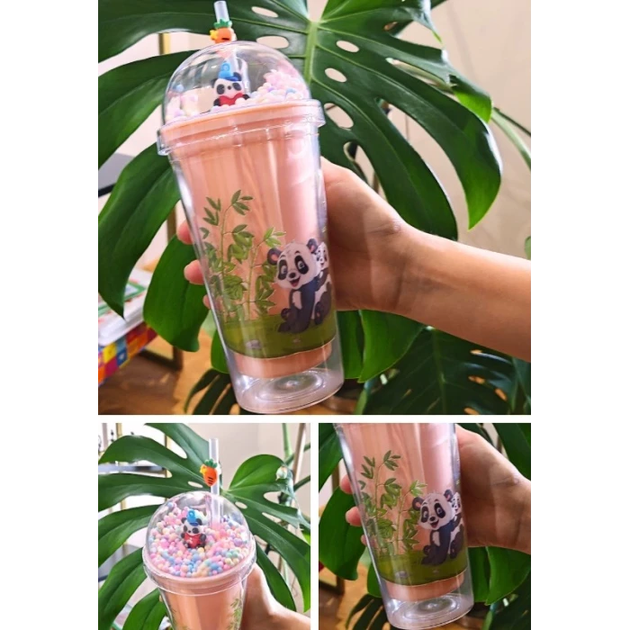ieg ™ Sevimli Panda Temalı Çift Katman 450 ml Suluk Pipetli Mika Matara Pembe 2770
