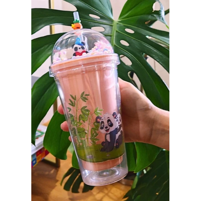 ieg ™ Sevimli Panda Temalı Çift Katman 450 ml Suluk Pipetli Mika Matara Pembe 2770