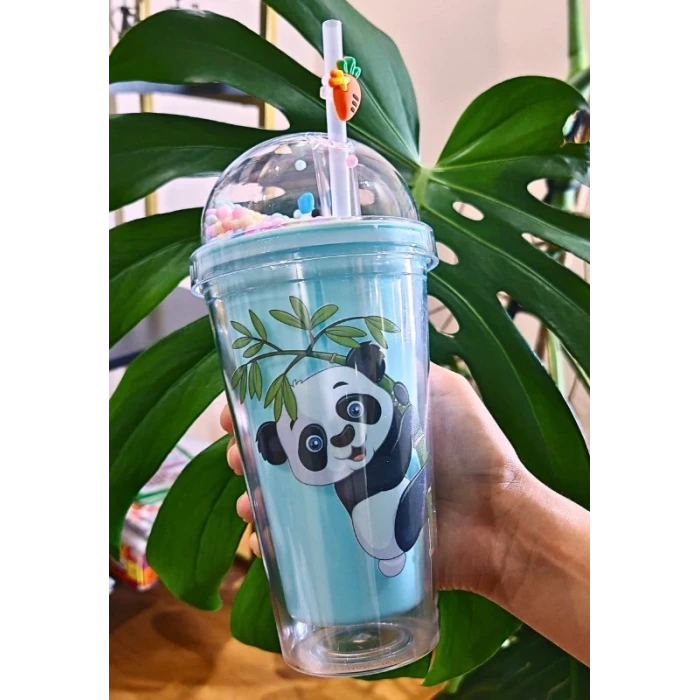 ieg ™ Sevimli Panda Temalı Çift Katman 450ml Suluk Pipetli Mika Matara Mavi 2770