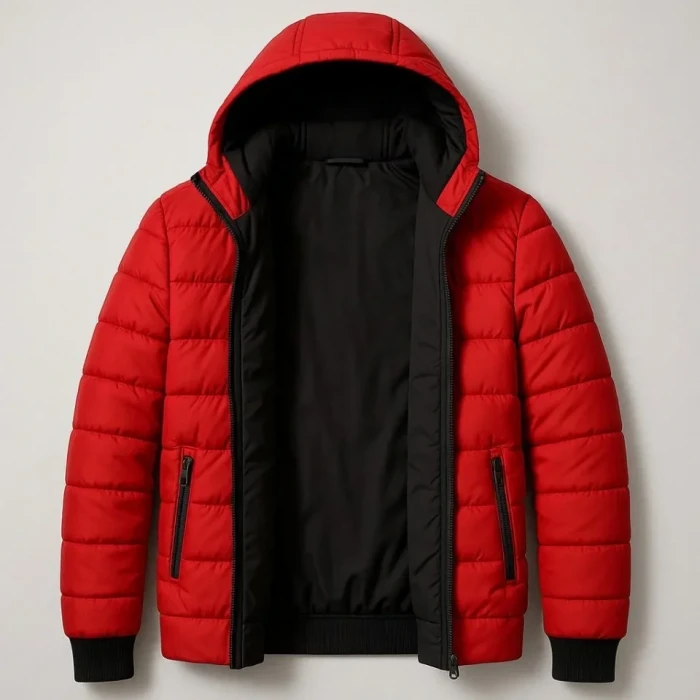 ieg™ Şişme Kapüşonlu Fermuarlı Mont Su Itici Kapitone Astarlı Kumaş Cepli Kışlık Rahat Kalıp - Kırmızı