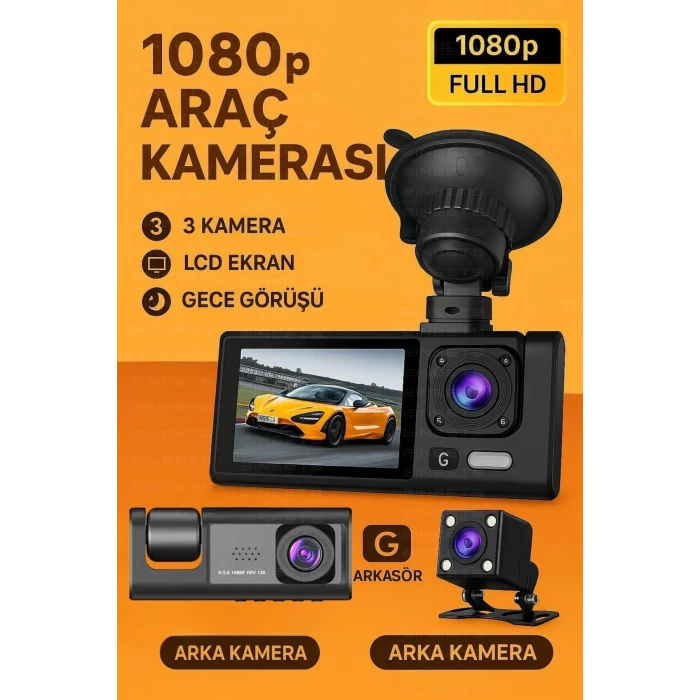 ieg™ Siyah 1080p Araç içi 3 Kameralı Lcd Ekranlı Gece Görüşlü , G-sensör , Geri Görüş Kamera