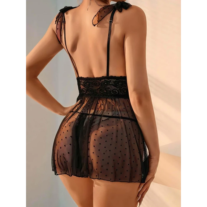 ieg™ Siyah Dantel İşlemeli Puantiyeli Tül Fantezi Gecelik