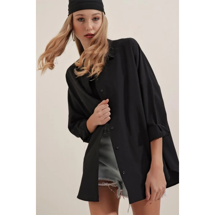 ieg™ Siyah Oversize Uzun Basic Gömlek 3900