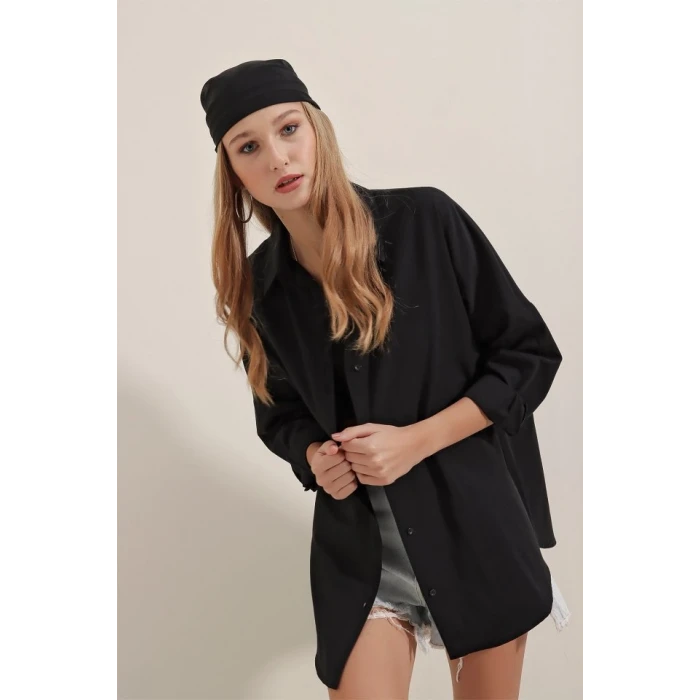 ieg™ Siyah Oversize Uzun Basic Gömlek 3900