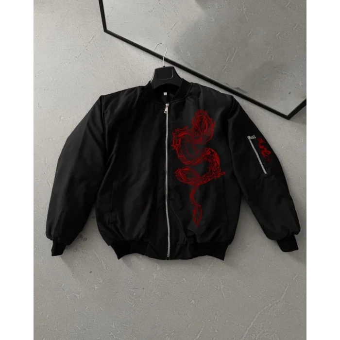 ieg™ Tam Fermuarlı Uzun Kol Baskılı Bomber Ceket - Siyah