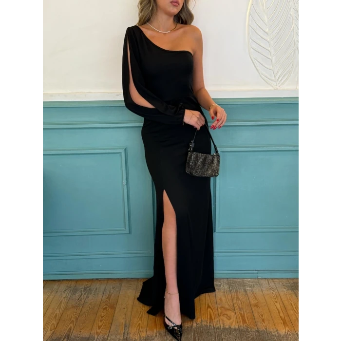 ieg™ Tek Omuz Açık Derin Yırtmaçlı Krep Tam Boy Elbise