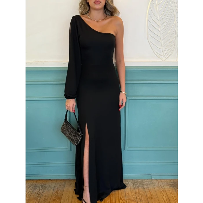 ieg™ Tek Omuz Açık Derin Yırtmaçlı Krep Tam Boy Elbise