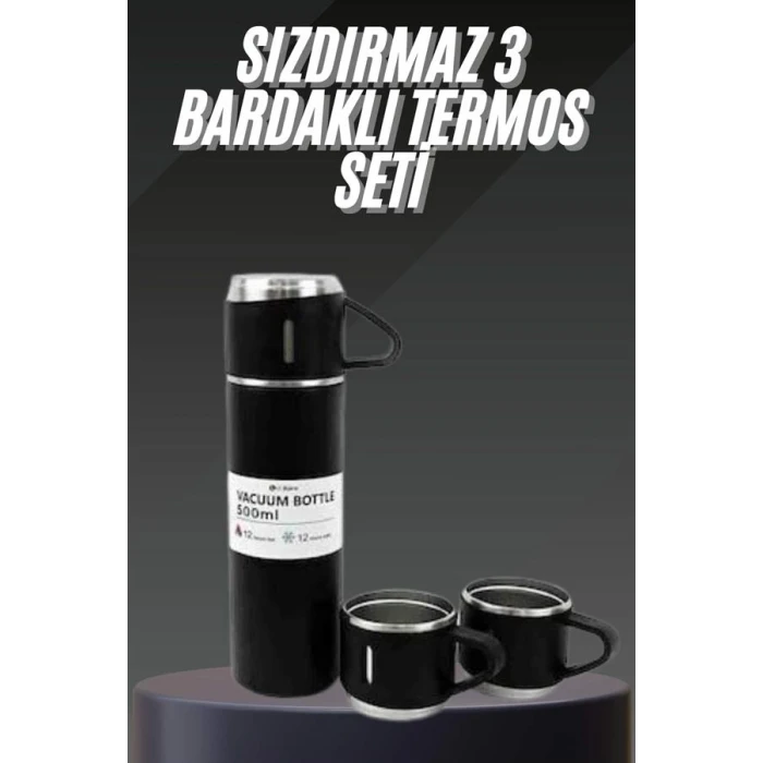 ieg™ Termos Seti Paslanmaz Çelik 3 Bardaklı Vakumlu Termos Set 500 Ml 12 Saate Kadar Isı Koruma