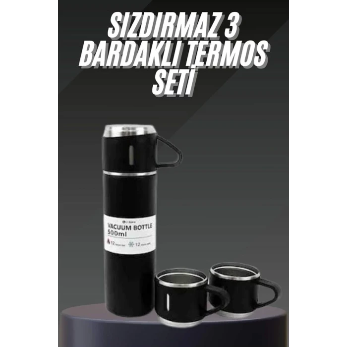 ieg™ Termos Seti Paslanmaz Çelik 3 Bardaklı Vakumlu Termos Set 500 Ml 12 Saate Kadar Isı Koruma