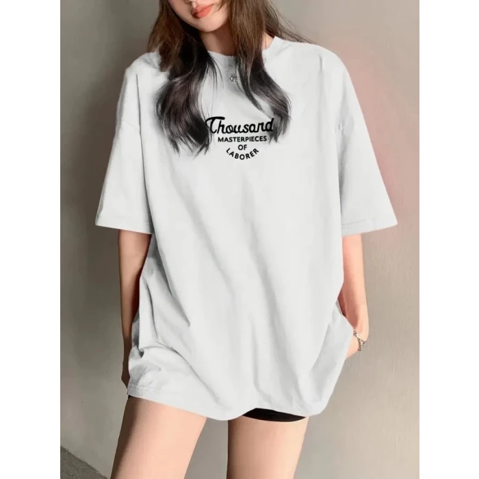 ieg™ Thousand Baskılı Oversize Bisiklet Yaka T-shirt - Beyaz