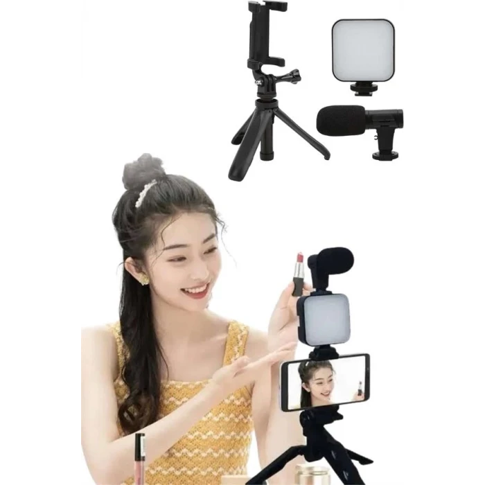 ieg™ Tripod Telefon Tutucu Kumandalı Mikrofon Led Işık Vlog Video Kayıt