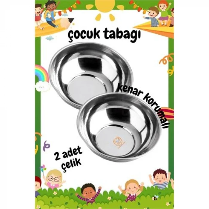 ieg™ Turk Derin Çocuk Tabağı Güvenli Kenarlı Çelik 2 Adet 16 Cm