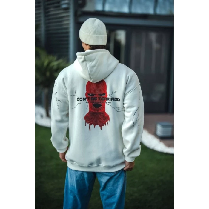 ieg™ Üç İplik Kapşonlu Baskılı Oversize SweatShirt- Beyaz