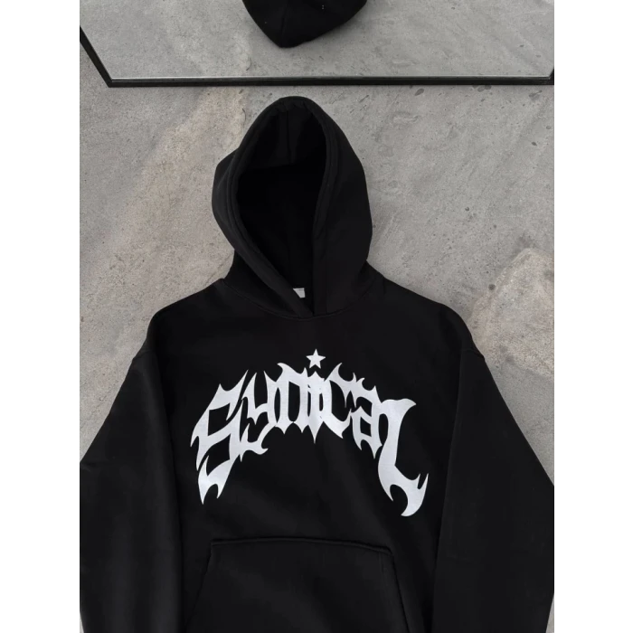 ieg™ Üç İplik Kapşonlu Baskılı Oversize SweatShirt- Siyah