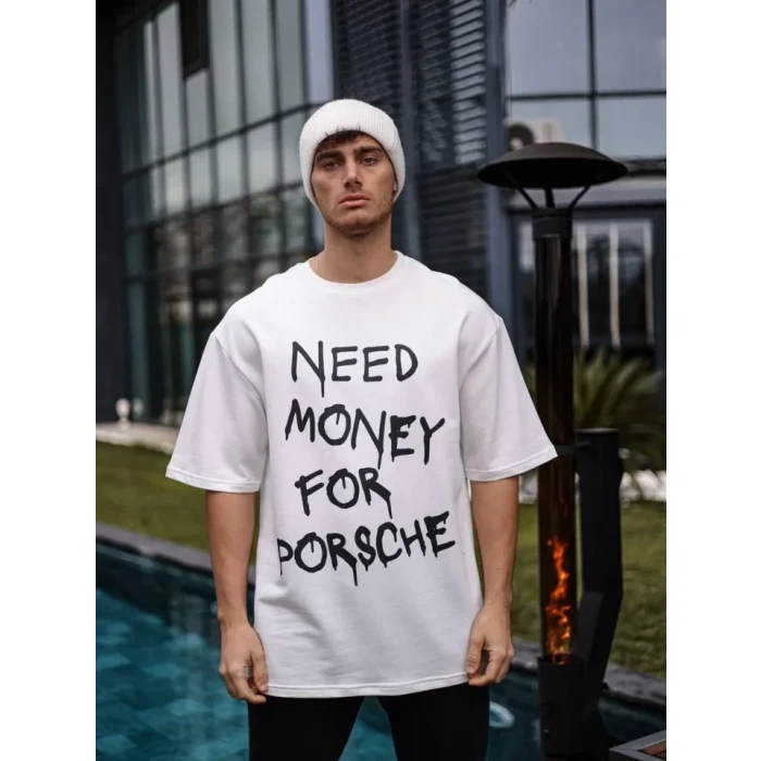 ieg™ Unisex Bisiklet Yaka Baskılı Oversize T-Shirt - Beyaz