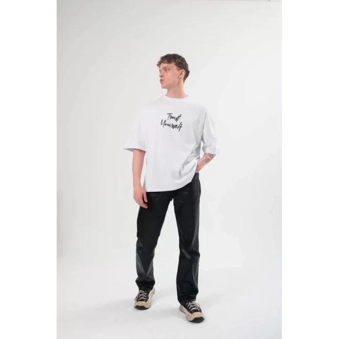 ieg™ Unisex Bisiklet Yaka Baskılı Oversize T-Shirt - Beyaz