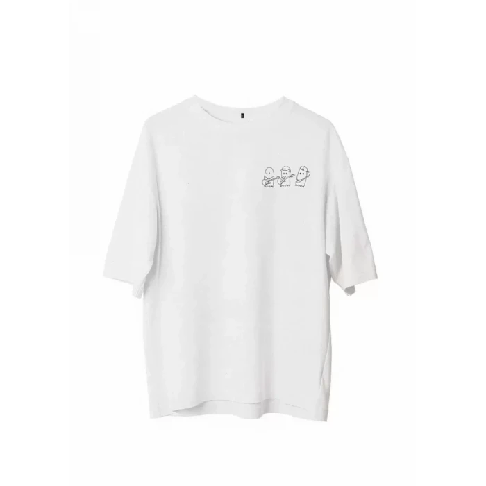 ieg™ Unisex Bisiklet Yaka Baskılı Oversize T-Shirt - Beyaz
