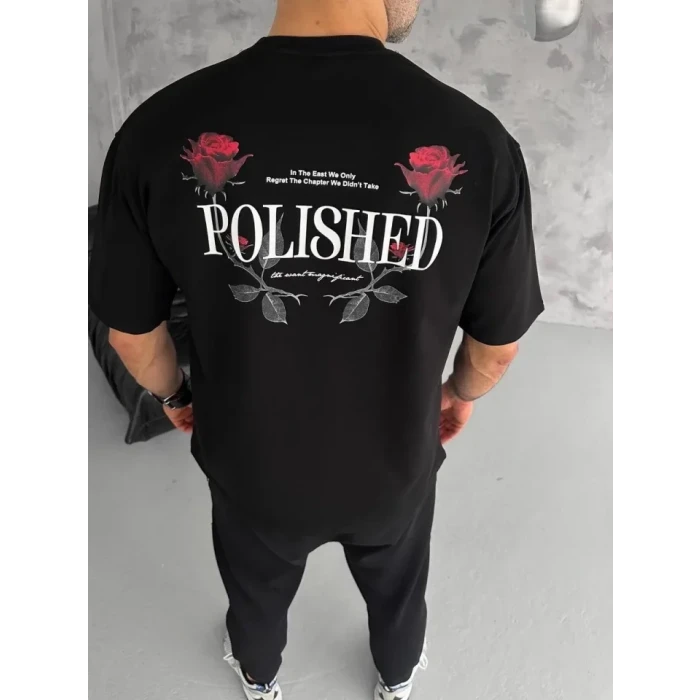 ieg™ Unisex Bisiklet Yaka Baskılı Oversize T-Shirt - Siyah