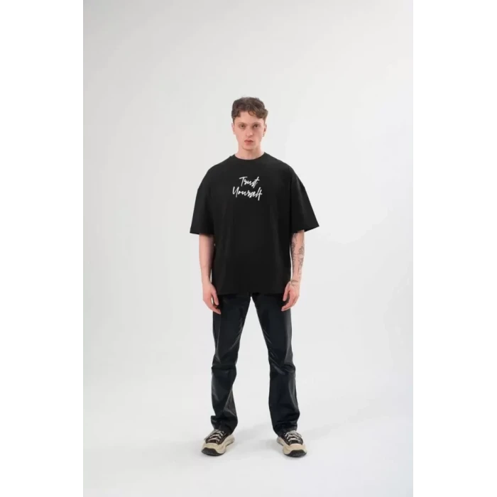 ieg™ Unisex Bisiklet Yaka Baskılı Oversize T-Shirt - Siyah