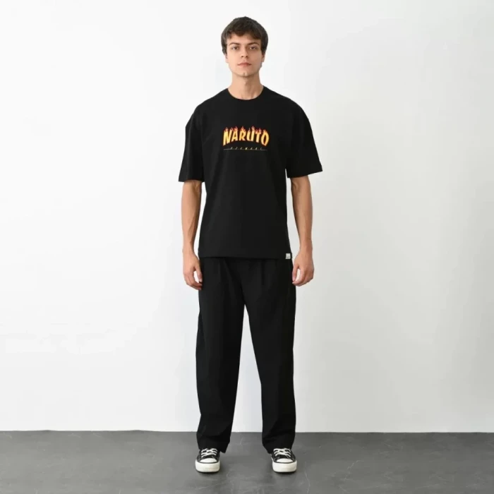 ieg™ Unisex Bisiklet Yaka Baskılı Oversize T-Shirt - Siyah