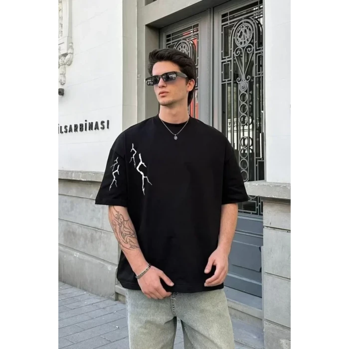 ieg™ Unisex Bisiklet Yaka Baskılı Oversize T-Shirt - Siyah