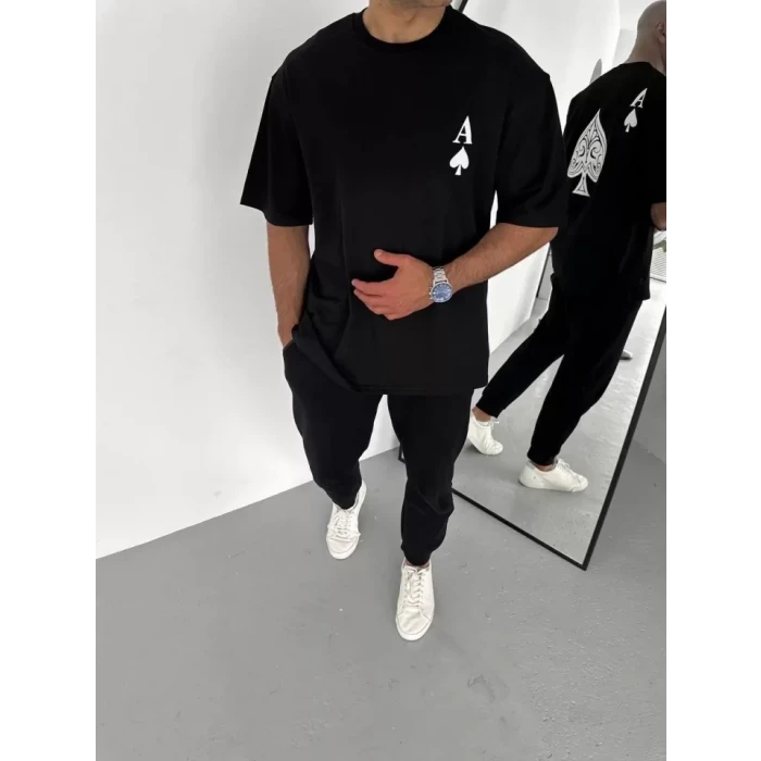 ieg™ Unisex Bisiklet Yaka Baskılı Oversize T-Shirt - Siyah