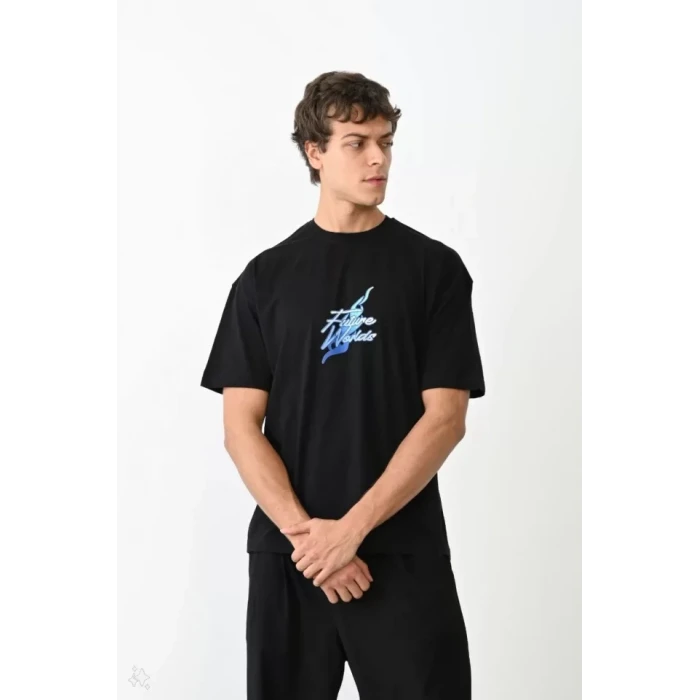 ieg™ Unisex Bisiklet Yaka Baskılı Oversize T-Shirt - Siyah