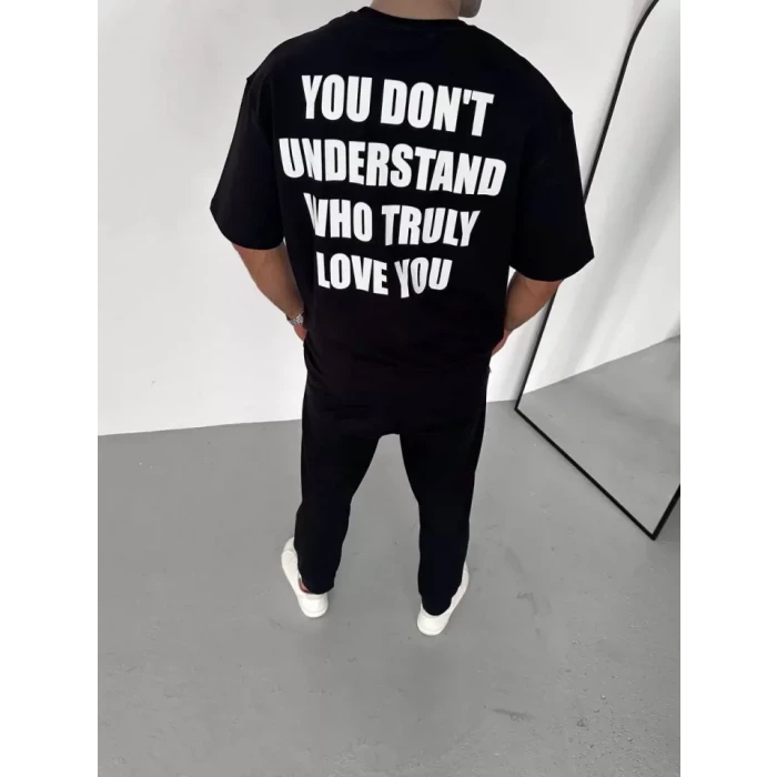 ieg™ Unisex Bisiklet Yaka Baskılı Oversize T-Shirt - Siyah