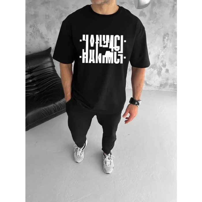 ieg™ Unisex Bisiklet Yaka Katlanan Baskılı T-Shirt - Siyah