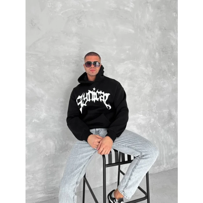 ieg™ Unisex Üç İplik Kapşonlu Baskılı SweatShirt - Siyah