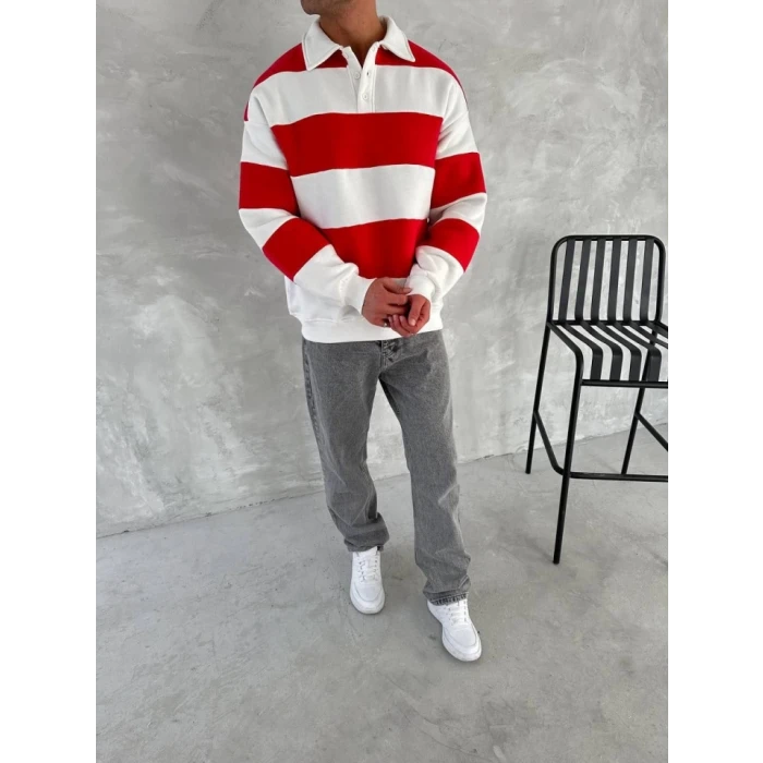 ieg™ Unisex Üç İplik Parçalı Yakalı SweatShirt - Kırmızı