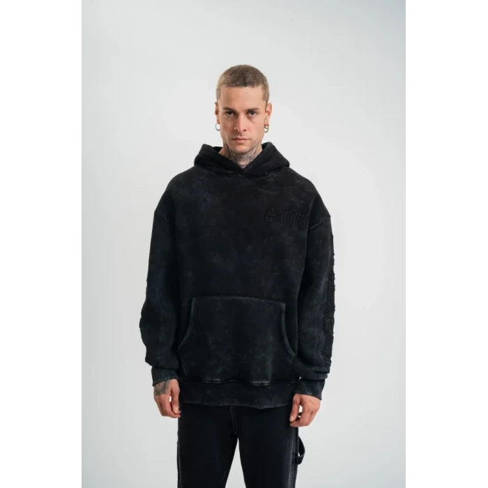 ieg™ Unisex Uzun Kol Kapşonlu Yıkamalı Nakışlı SweatShirt - Siyah