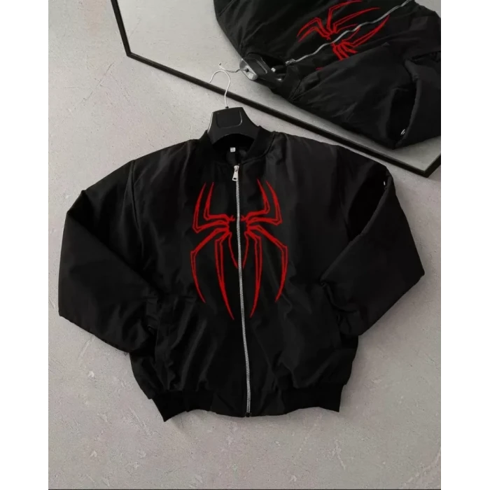ieg™ Unisex Uzun Kol Örümcek Baskılı Bomber Ceket - Siyah