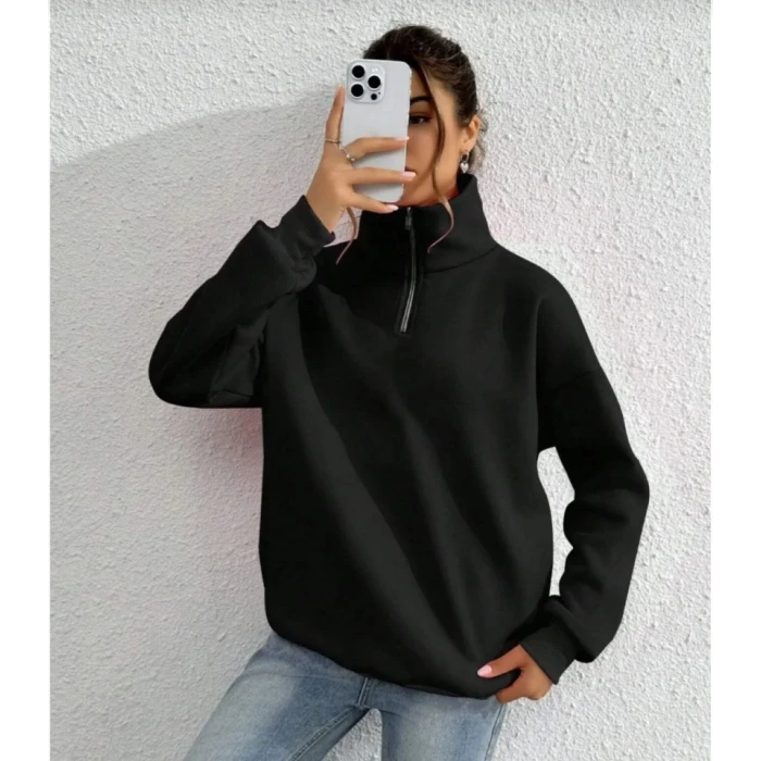 ieg™ Unisex Uzun Kol Yarım Farmuarlı Yakalı Basic SweatShirt - Siyah