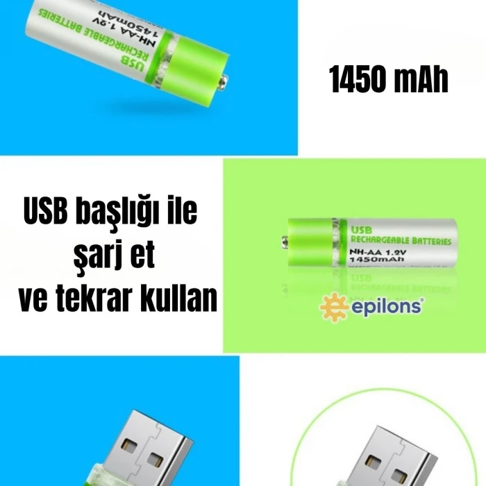 ieg™ Usb ile Şarj Olabilen 2 li 1450 mah Lityum Kalın Şarjlı Kalem Pil