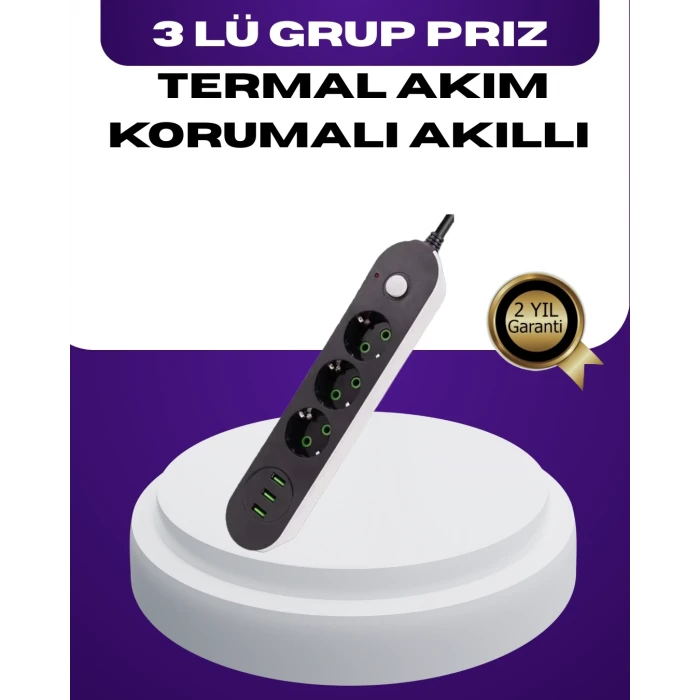 ieg™ USB Yuvalı Anahtarlı Üçlü Priz 2 Metre Kablolu