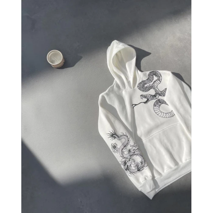 ieg™ Uzun Kol Kapşonlu Baskılı SweatShirt - Beyaz