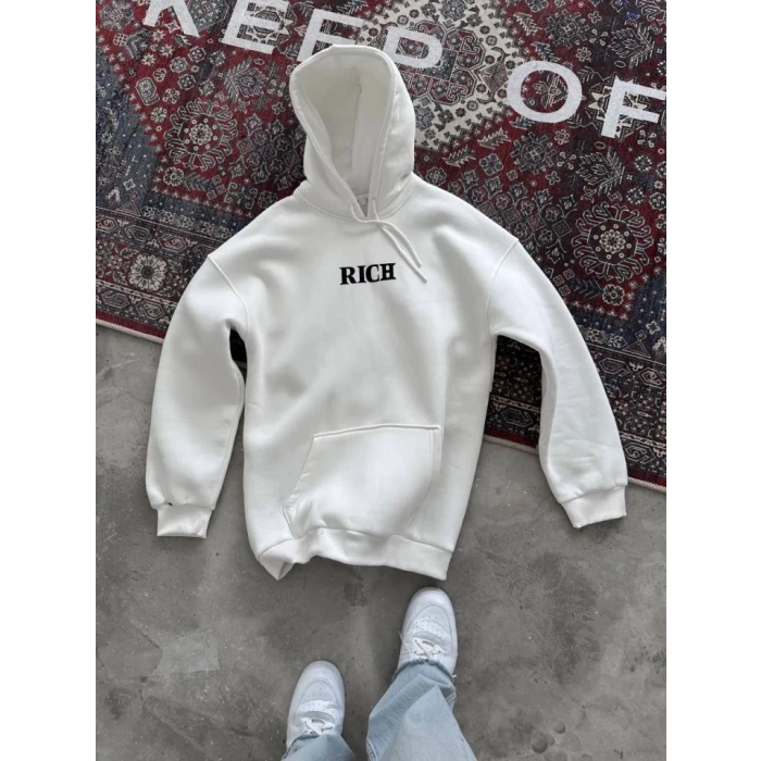 ieg™ Uzun Kol Kapşonlu Göğüs Baskılı SweatShirt - Beyaz