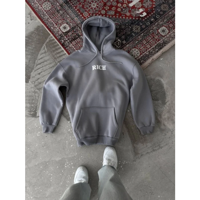 ieg™ Uzun Kol Kapşonlu Göğüs Baskılı SweatShirt - Gri