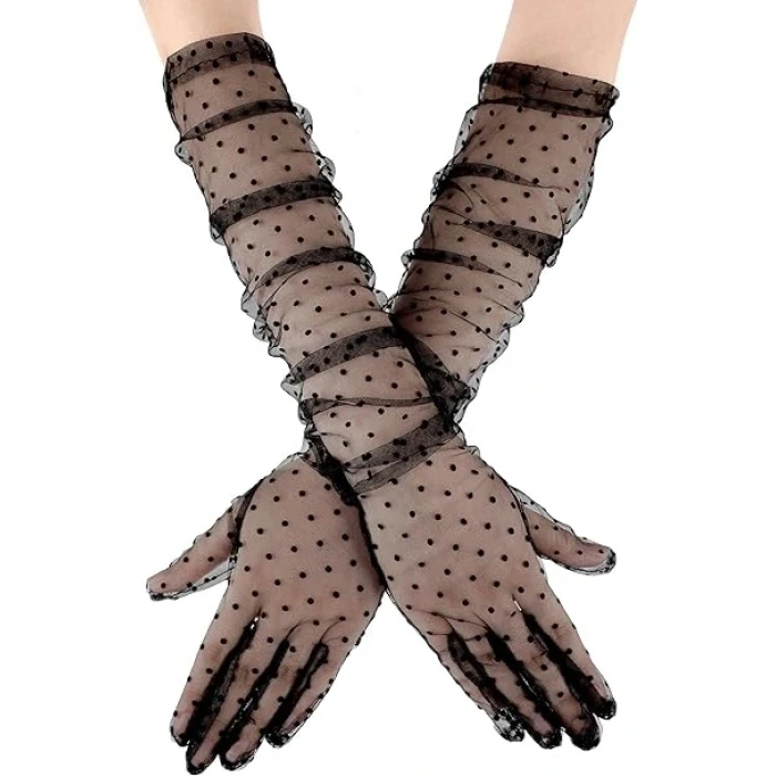 ieg™ Uzun Siyah Puantiyeli Yetişkin Tül Eldiven