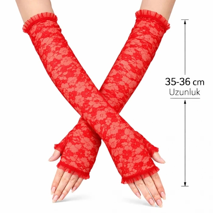 ieg™ Uzun Zarif Dantel Eldiven Parmaksız Kırmızı 35 cm