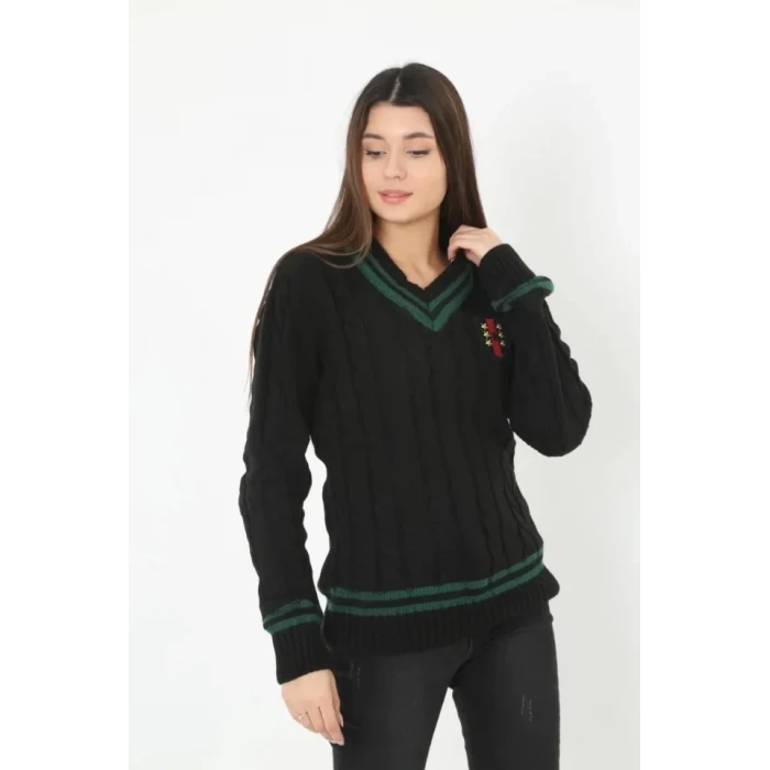 ieg™ V Yaka Örgülü Kazak - Siyah