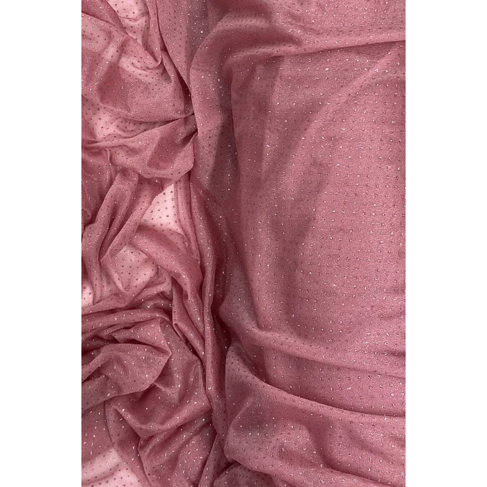 İEG Yağmur Damlası Simli Abiye Elbise Şallık Tül Kumaş Gül Kurusu 32-H