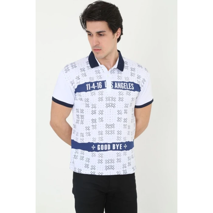 ieg™      Yakalı Slim Fit Baskılı T-Shirt - Beyaz -