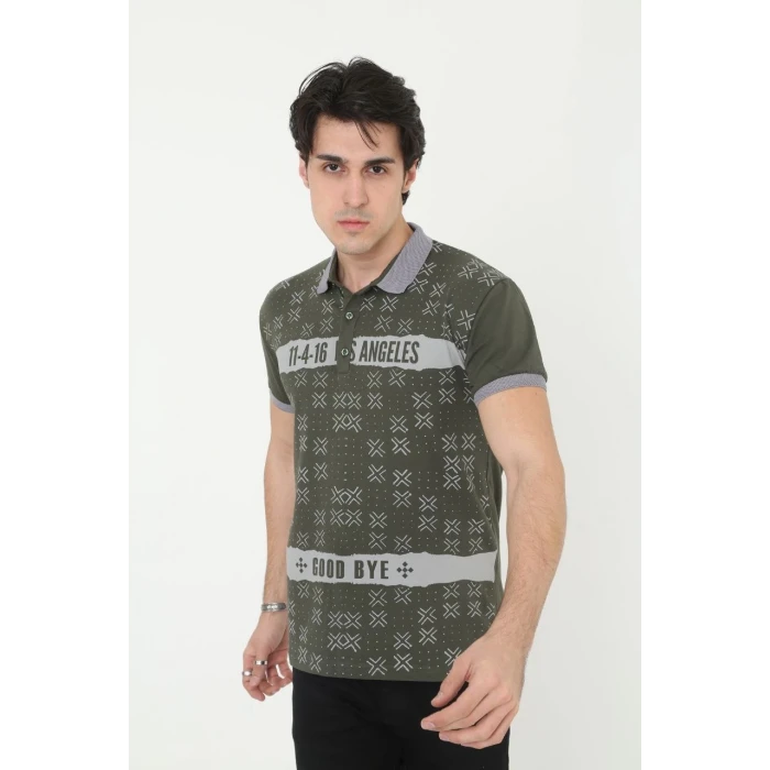 ieg™      Yakalı Slim Fit Baskılı T-Shirt - Haki -
