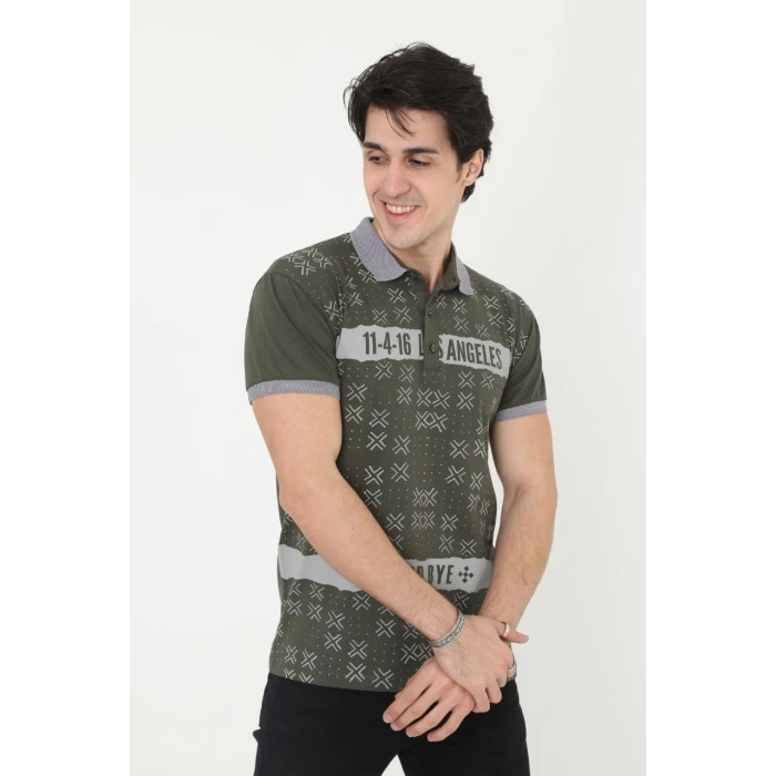 ieg™      Yakalı Slim Fit Baskılı T-Shirt - Haki -