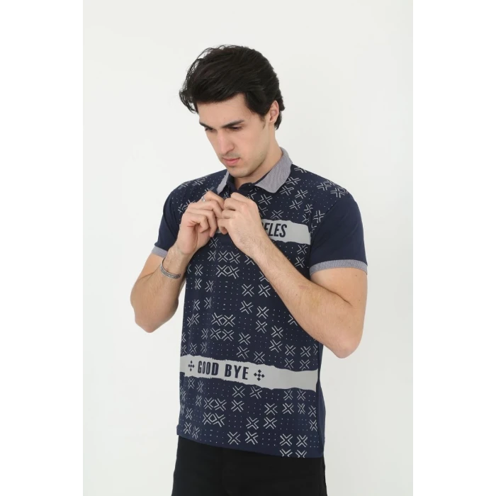 ieg™      Yakalı Slim Fit Baskılı T-Shirt - Lacivert -