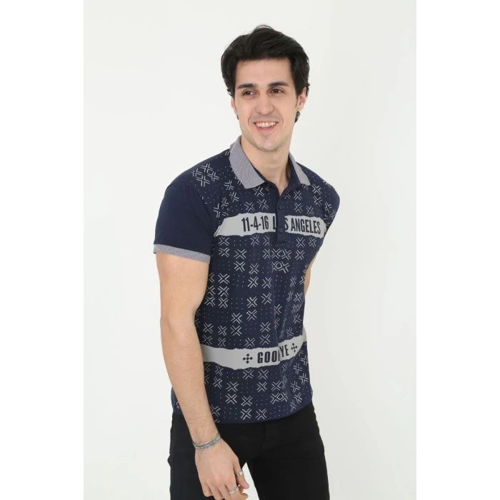ieg™      Yakalı Slim Fit Baskılı T-Shirt - Lacivert -