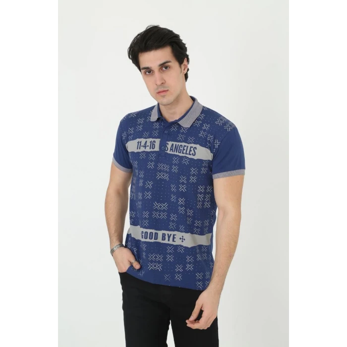 ieg™      Yakalı Slim Fit Baskılı T-Shirt - Mavi -